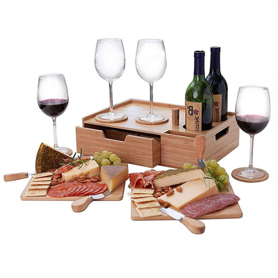 Benutzerdefiniertes Logo Akzeptables Bambuskäse-Serving-Tray mit Lagerschub und Weinsatz