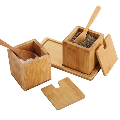 Natürlicher Bambus Quadrat Salz Gewürz Kräuter Trockene Lagerbox mit Deckel Löffel 17x7.1x8.2cm