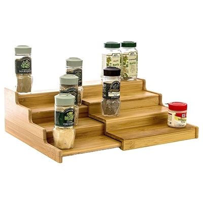 Multifunktionales 4 Stufen organisches Massivbamboo Erweiterbares Gewürzregal für moderne Schränke