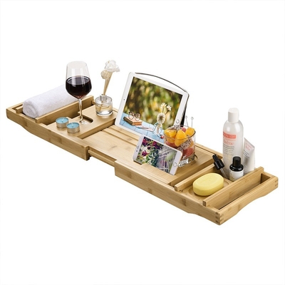 Erweiterbare Seiten Luxus-Bamboo-Badewanne Caddy-Träger für Bücher Tabletten und Weingläser