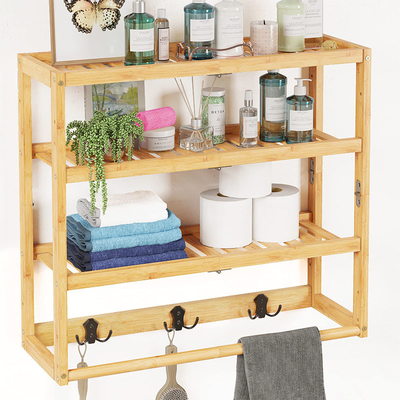 OEM-Bamboo-Wandregal für Badezimmer über Toilettenspeicher mit Haken