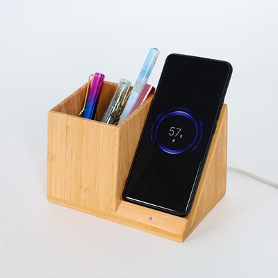 Schnelle Bambus-Desktop-Wireless-Ladestand mit Stifthalter und Uhr OEM akzeptabel