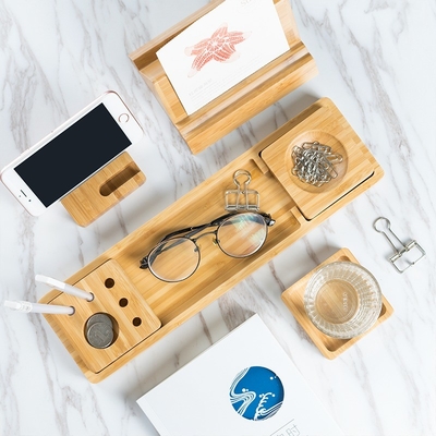 Nachhaltiger Bamboo-Schreibtisch-Organisator mit Smartphone-Stand-Stift und Papierklemmhalter